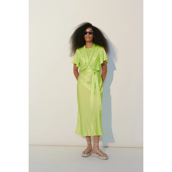 Karen Millen Dresses & Skirts - Karen Millen Heavy Satin Draped Wrap Woven Midi Dress in lime